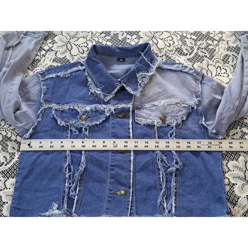 Unbranded Distressed Patchwork Denim‎ Jacket Blue Two Tone Raw Hem Small